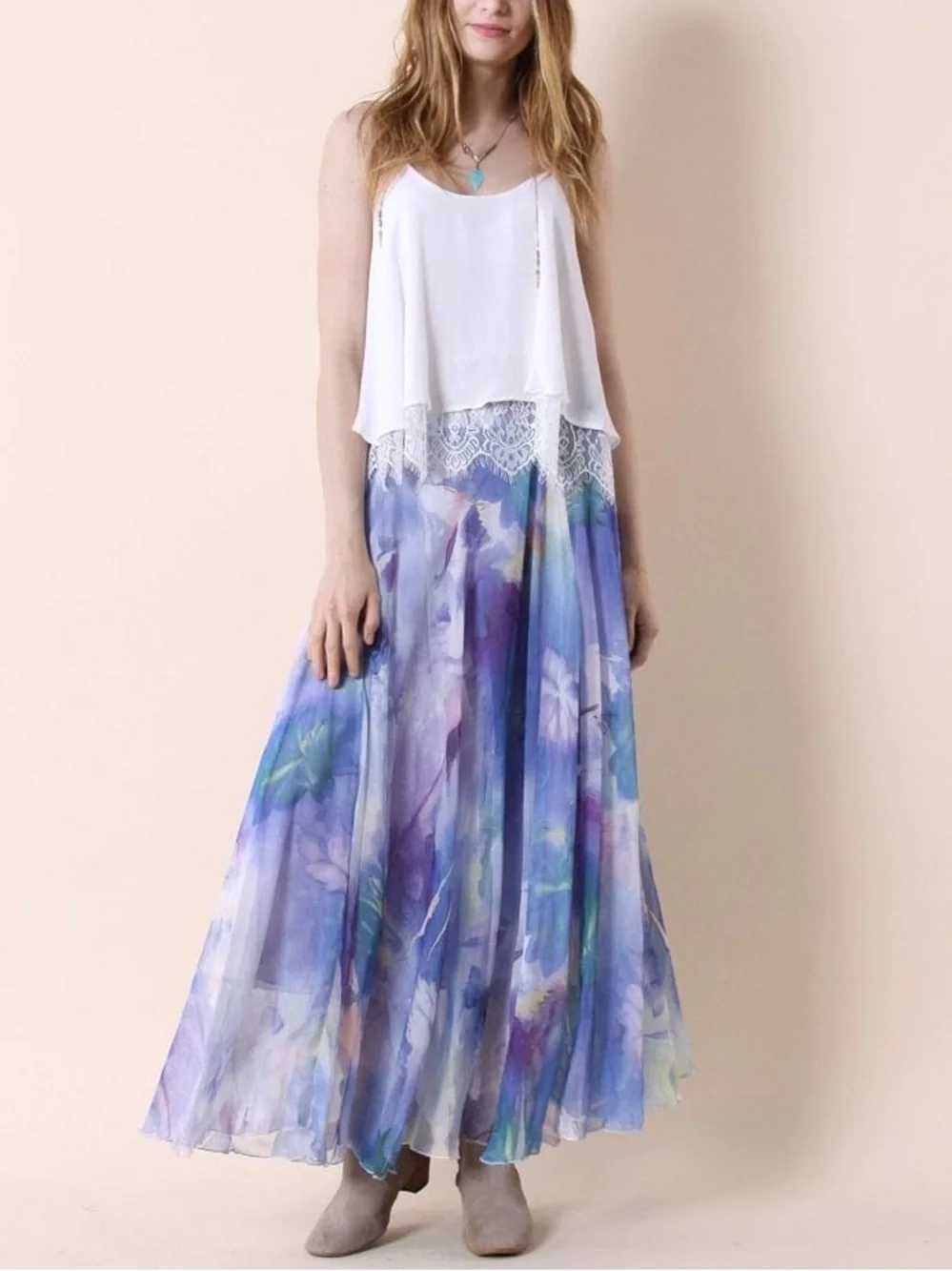 ChicWish Dancing Watercolor Chiffon Flowy Boho Floral Maxi Skirt In Violet XS/S